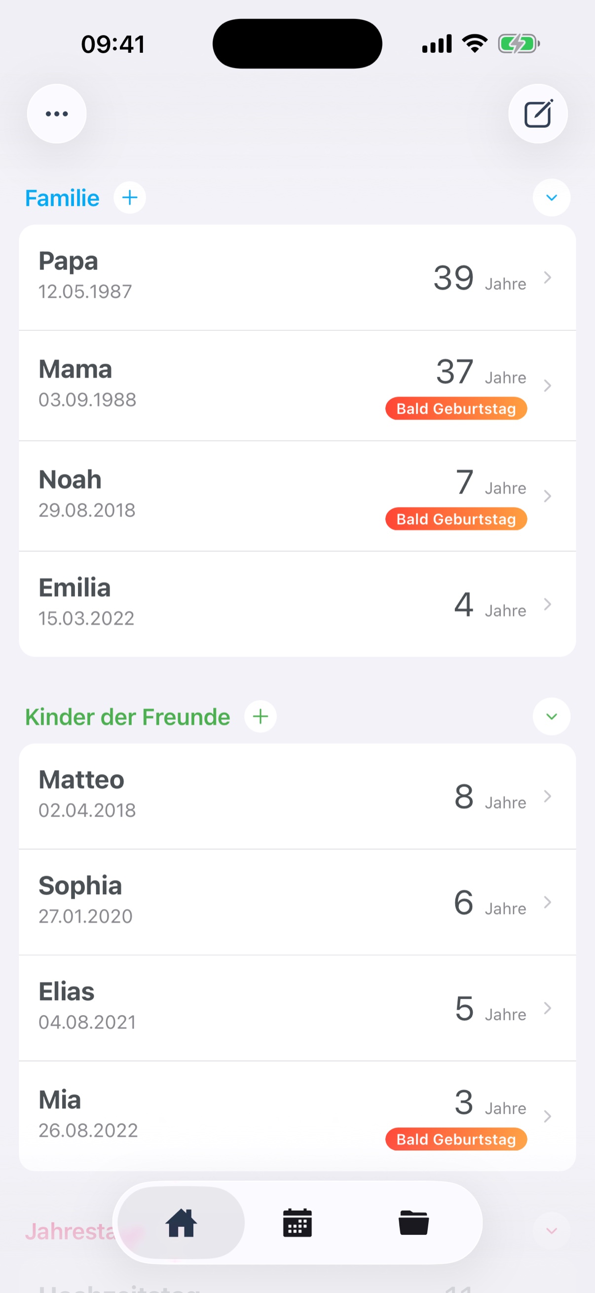 Startbildschirm mit Geburtstagen und Jahrestagen