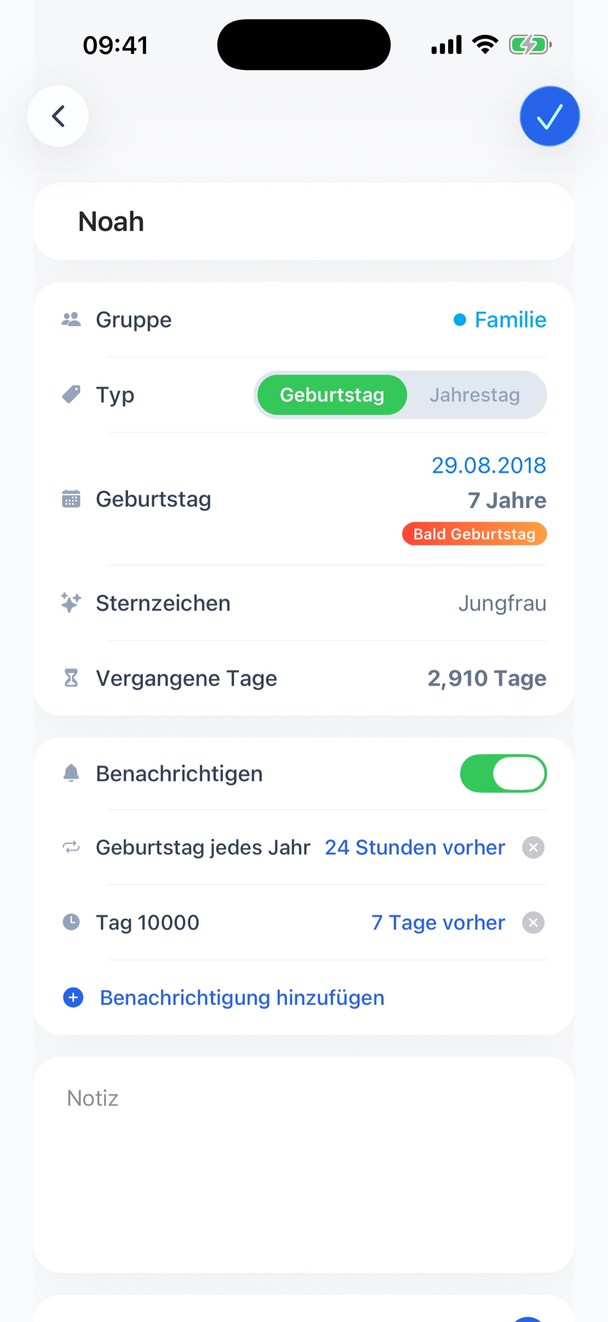 Detailansicht mit Alter, Sternzeichen, Tierkreiszeichen und vergangenen Tagen