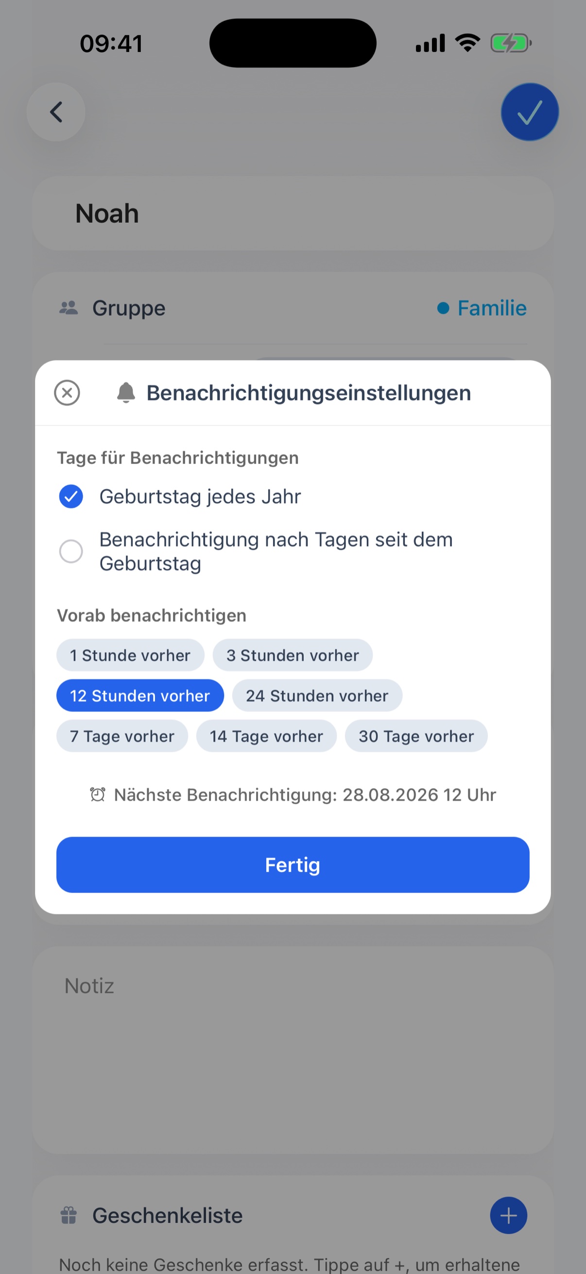Benachrichtigungseinstellungen mit Tag und Zeitpunkt