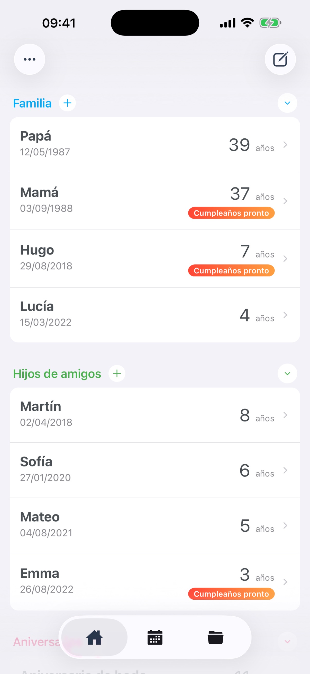 Pantalla de inicio con cumpleaños y aniversarios