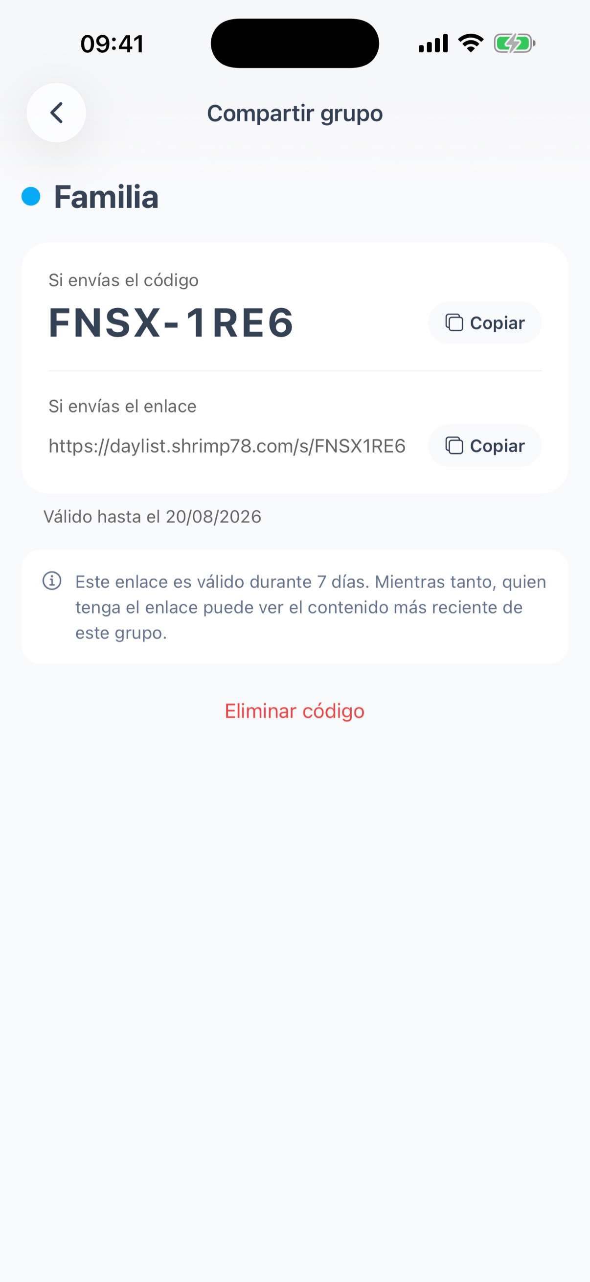 Pantalla de compartir - código y enlace para compartir