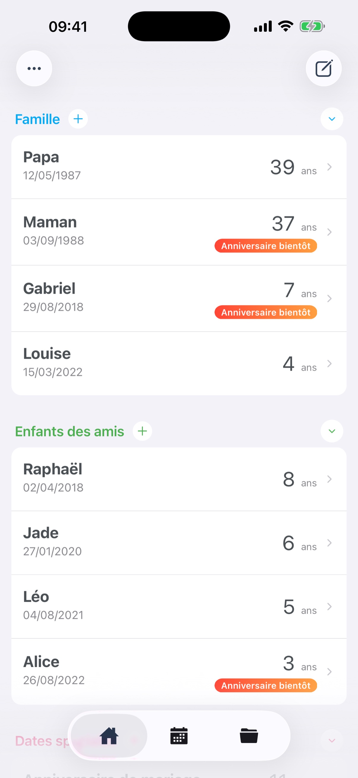Écran d’accueil affichant anniversaires et dates spéciales