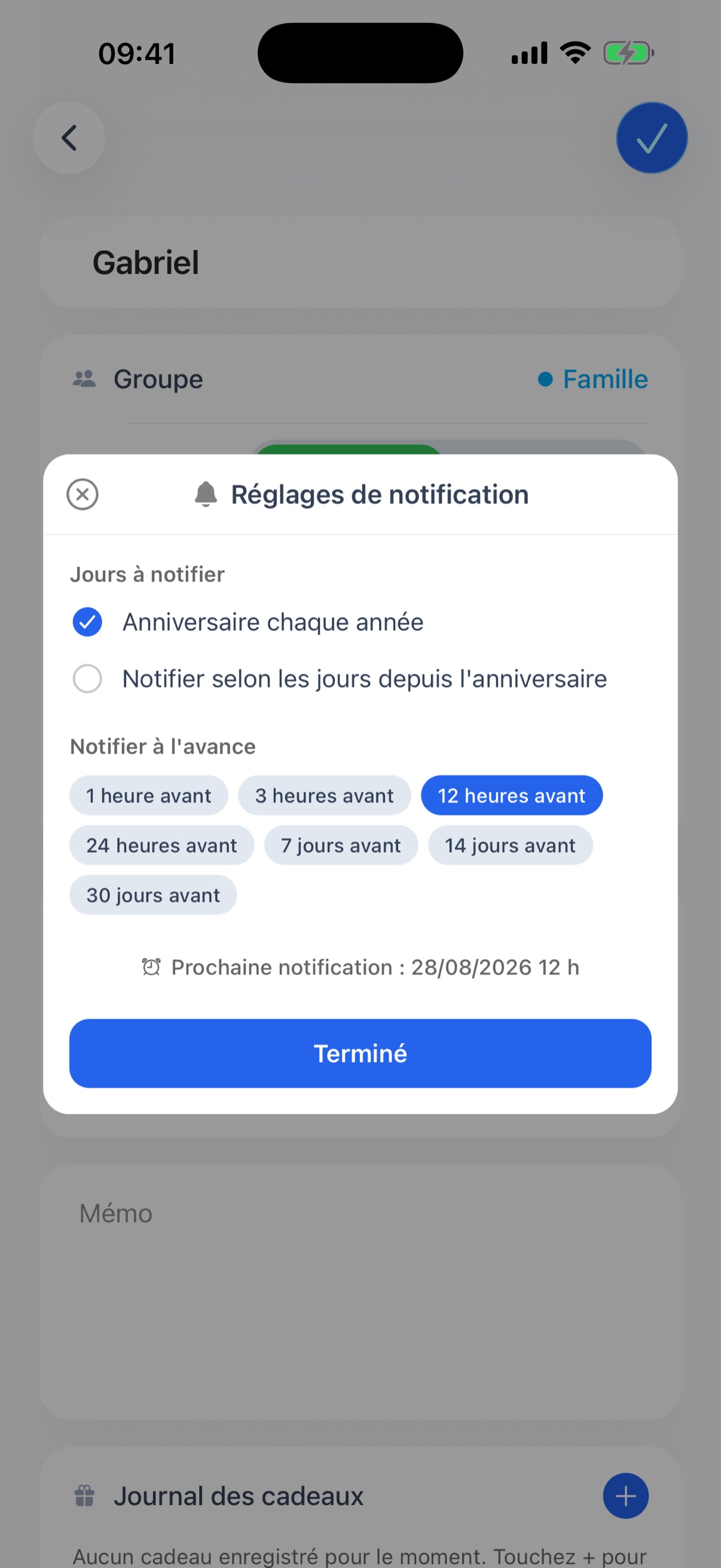 Réglages de notification avec le jour à notifier et le délai