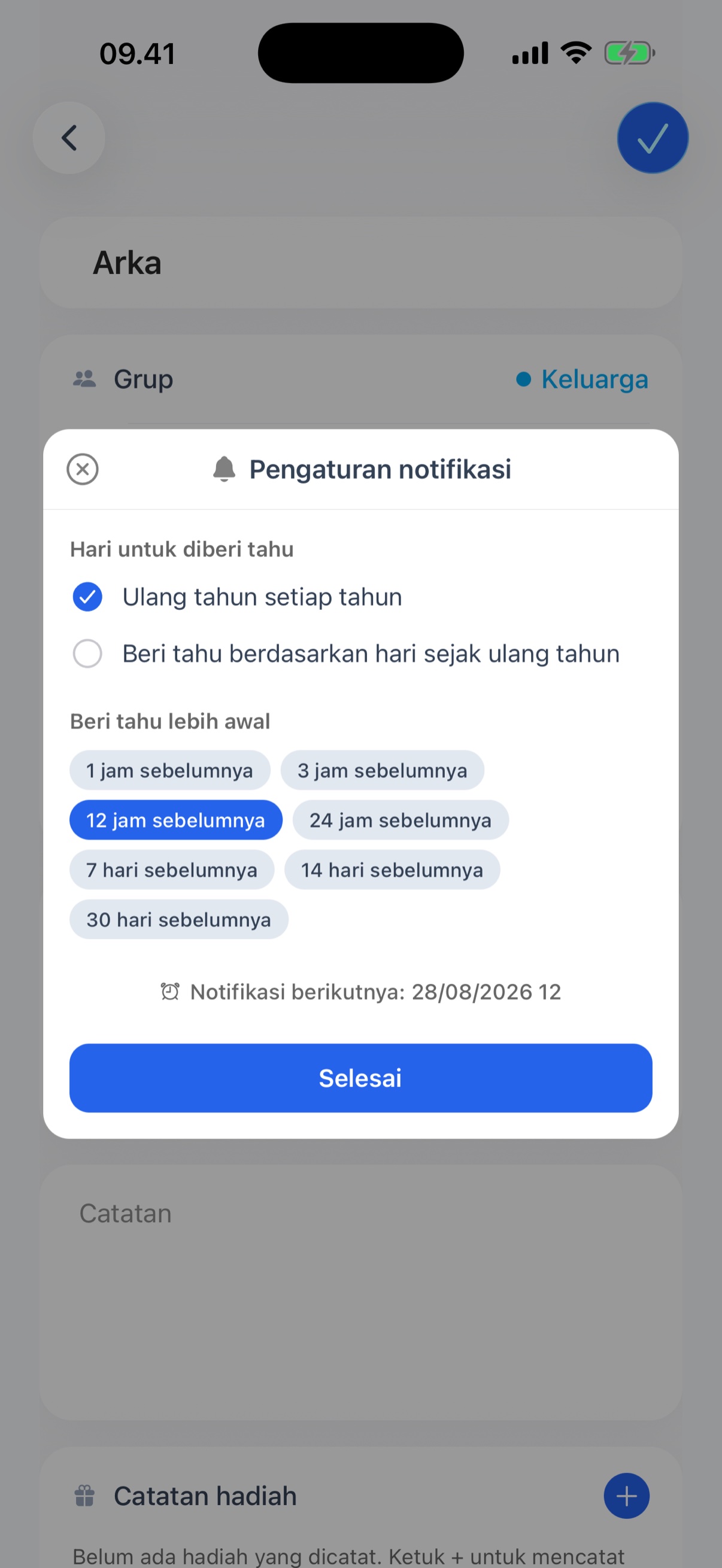 Pengaturan notifikasi dengan hari dan waktu pengingat