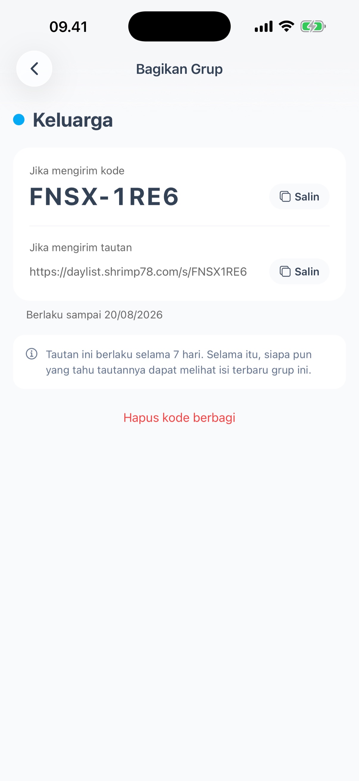 Layar berbagi - kode dan tautan berbagi