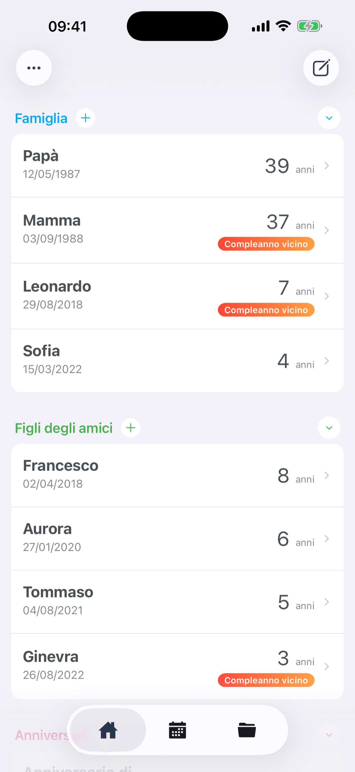 Schermata Home con compleanni e ricorrenze