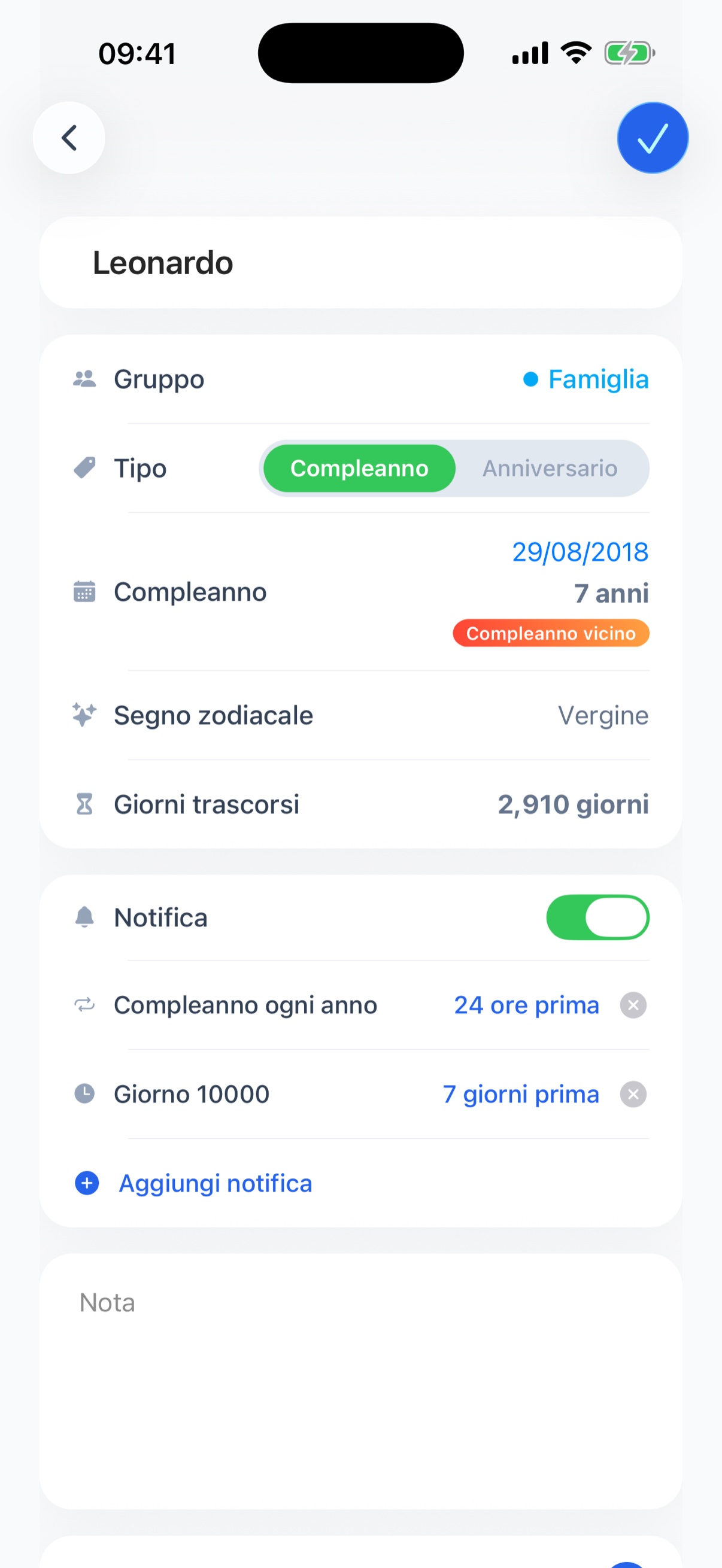Schermata di dettaglio con età, segno zodiacale, segno cinese e giorni trascorsi