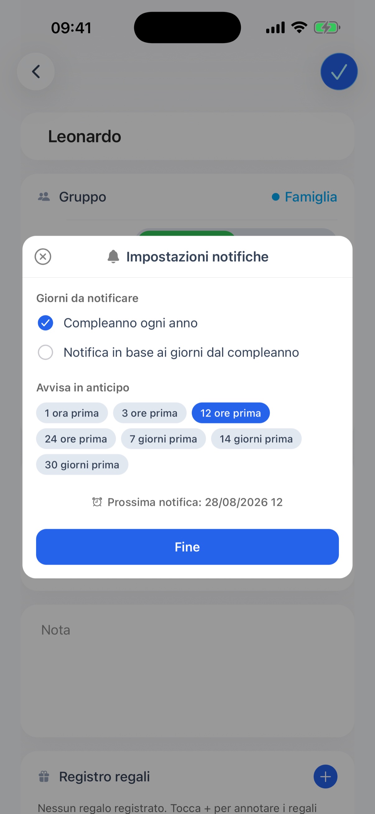 Impostazioni notifiche con giorno da notificare e anticipo
