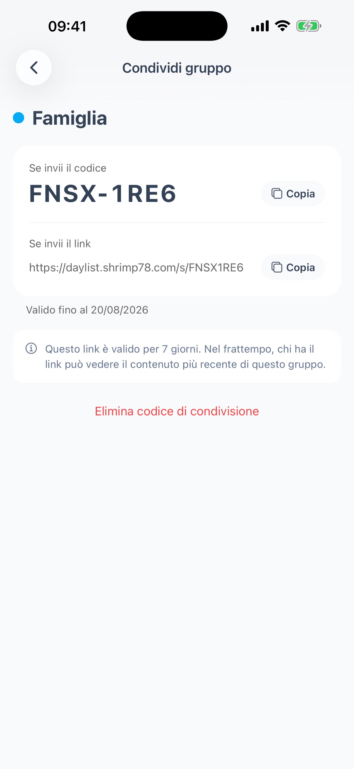 Schermata di condivisione - codice e link di condivisione