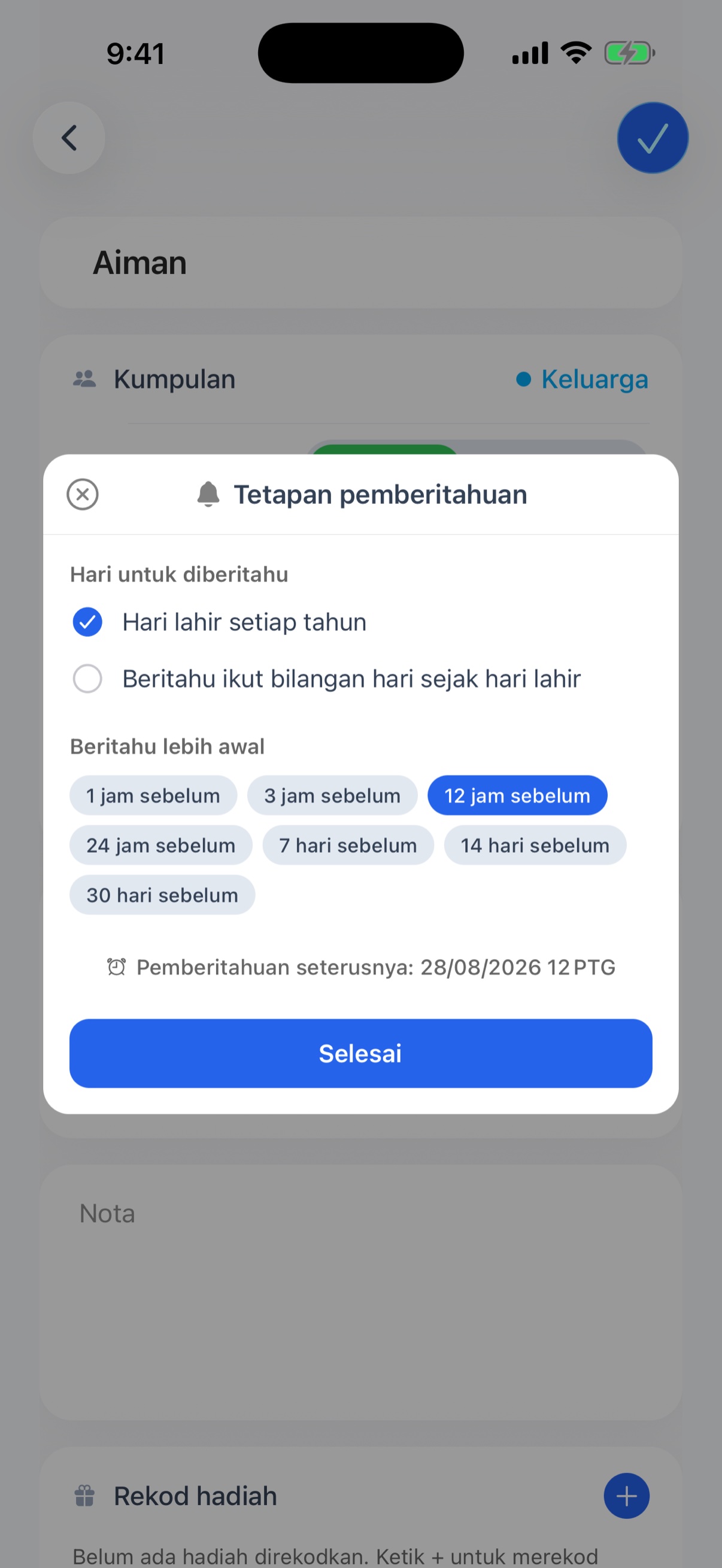 Tetapan pemberitahuan dengan hari sasaran dan masa