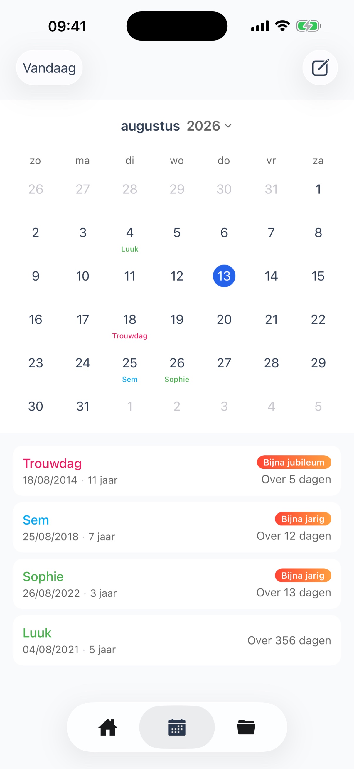 Kalenderscherm met komende datums
