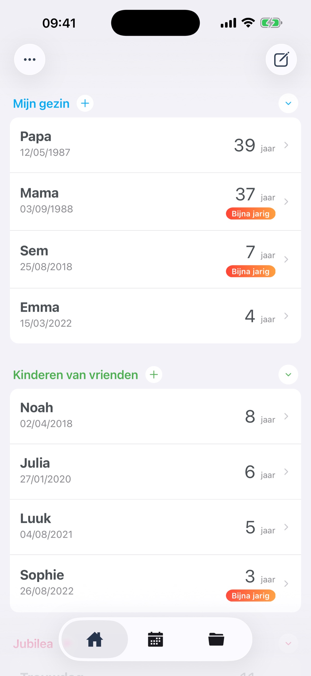 Startscherm met verjaardagen en jubilea