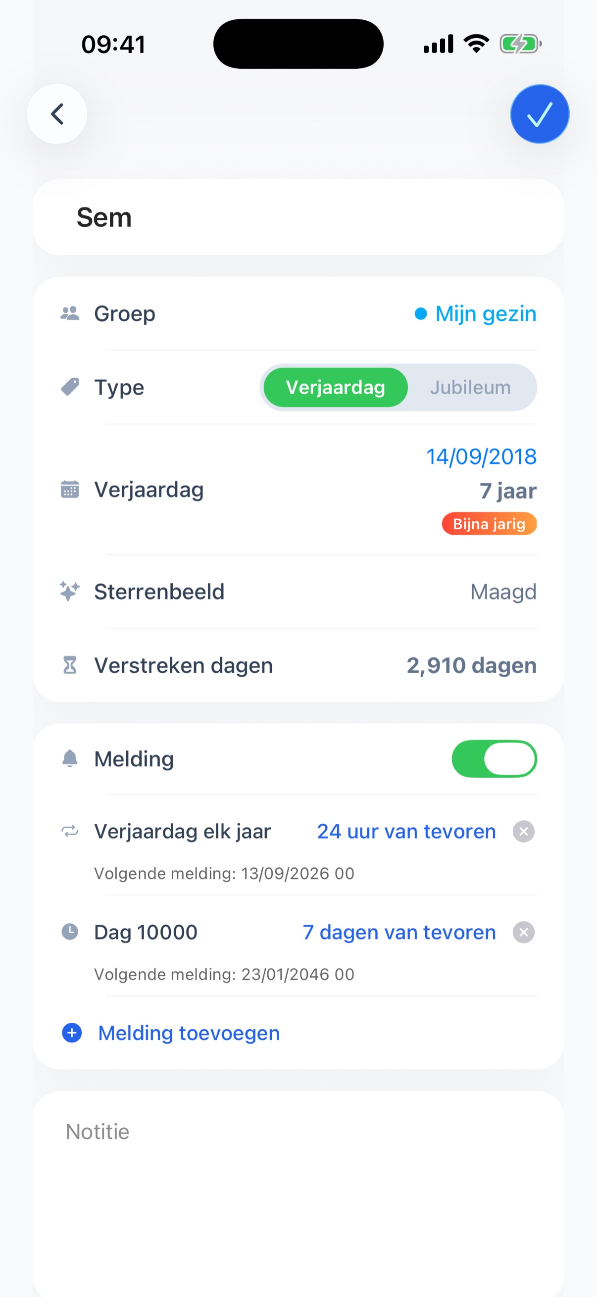 Detailscherm met leeftijd, sterrenbeeld, dierenriem en verstreken dagen