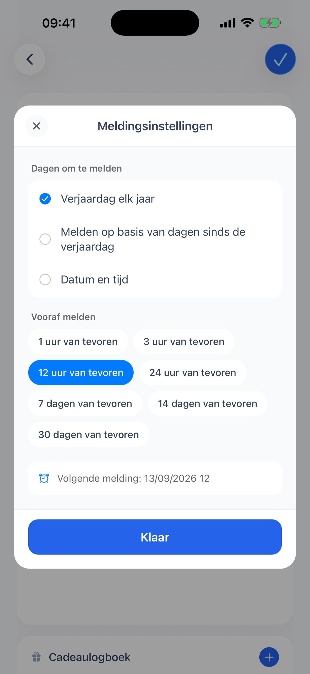 Meldingsinstellingen met de dag en het tijdstip