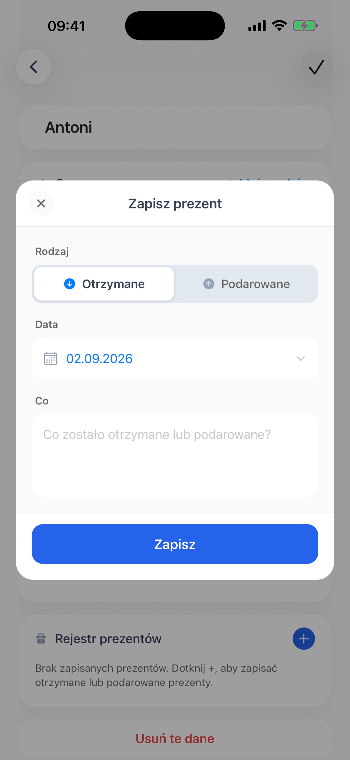 Rejestr prezentów - zapisane prezenty podarowane i otrzymane