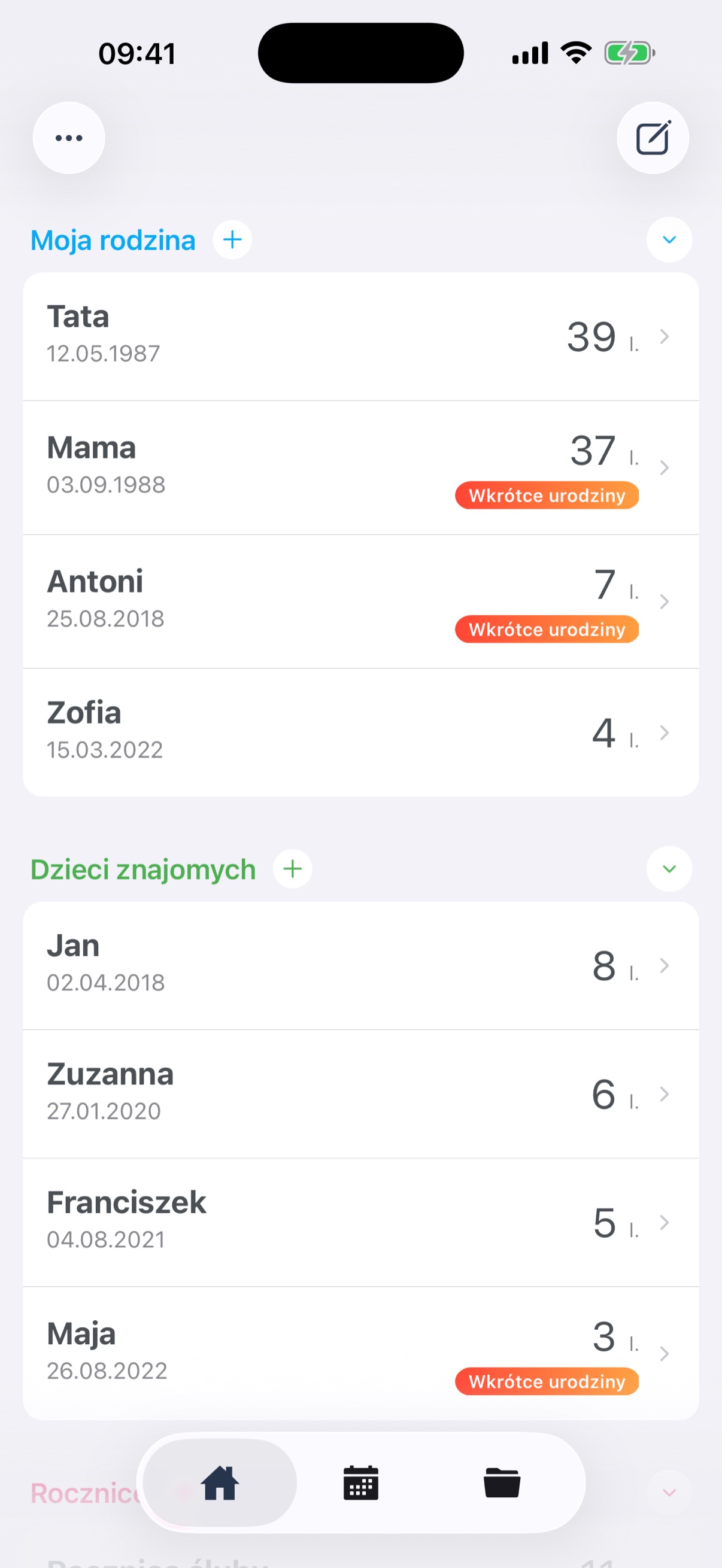 Ekran główny z urodzinami i rocznicami