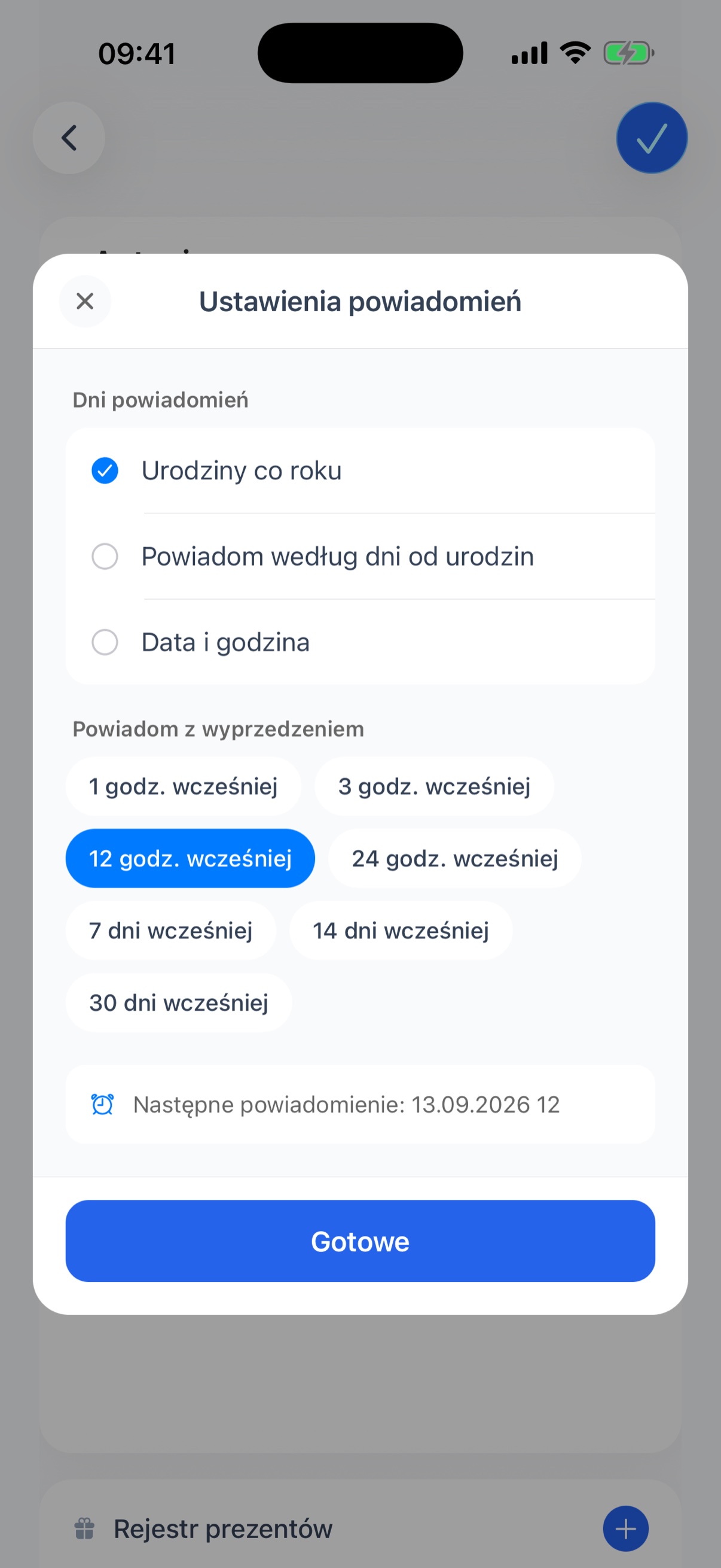 Ustawienia powiadomień z wybranym dniem i terminem