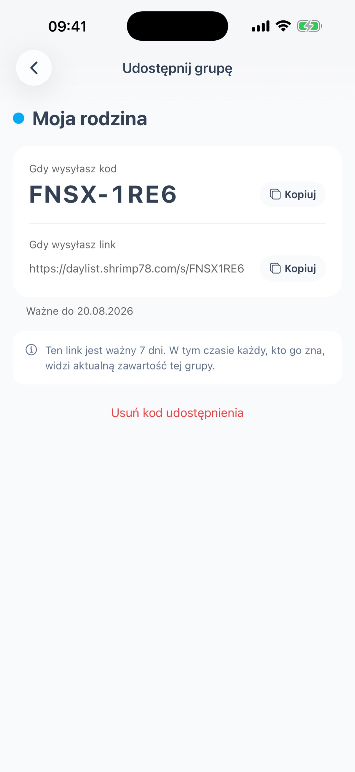 Ekran udostępniania - kod i link