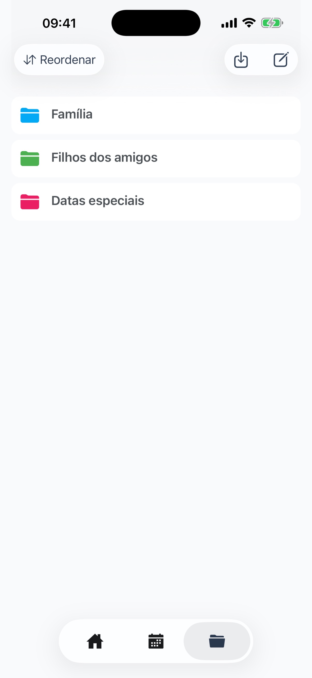 Tela de grupos com categorias coloridas