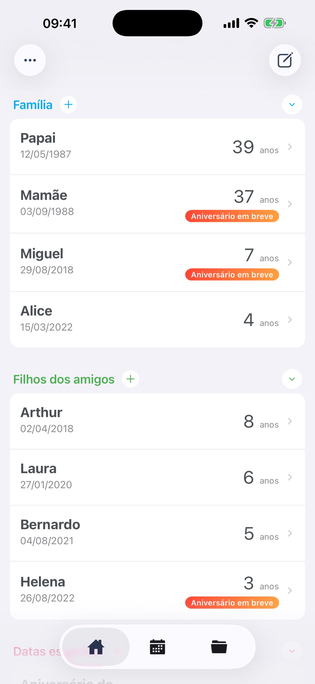 Tela inicial com aniversários e datas comemorativas