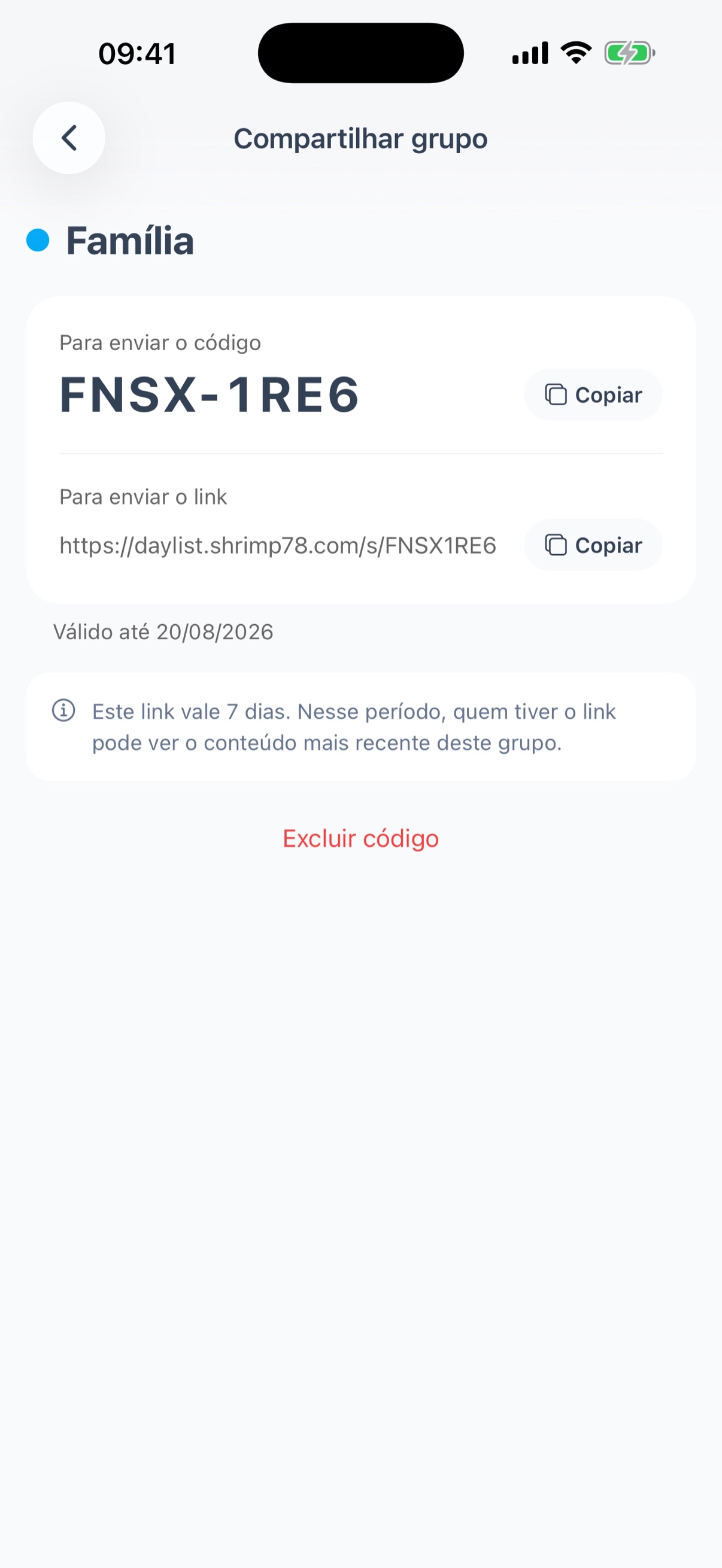 Tela de compartilhamento - código e link