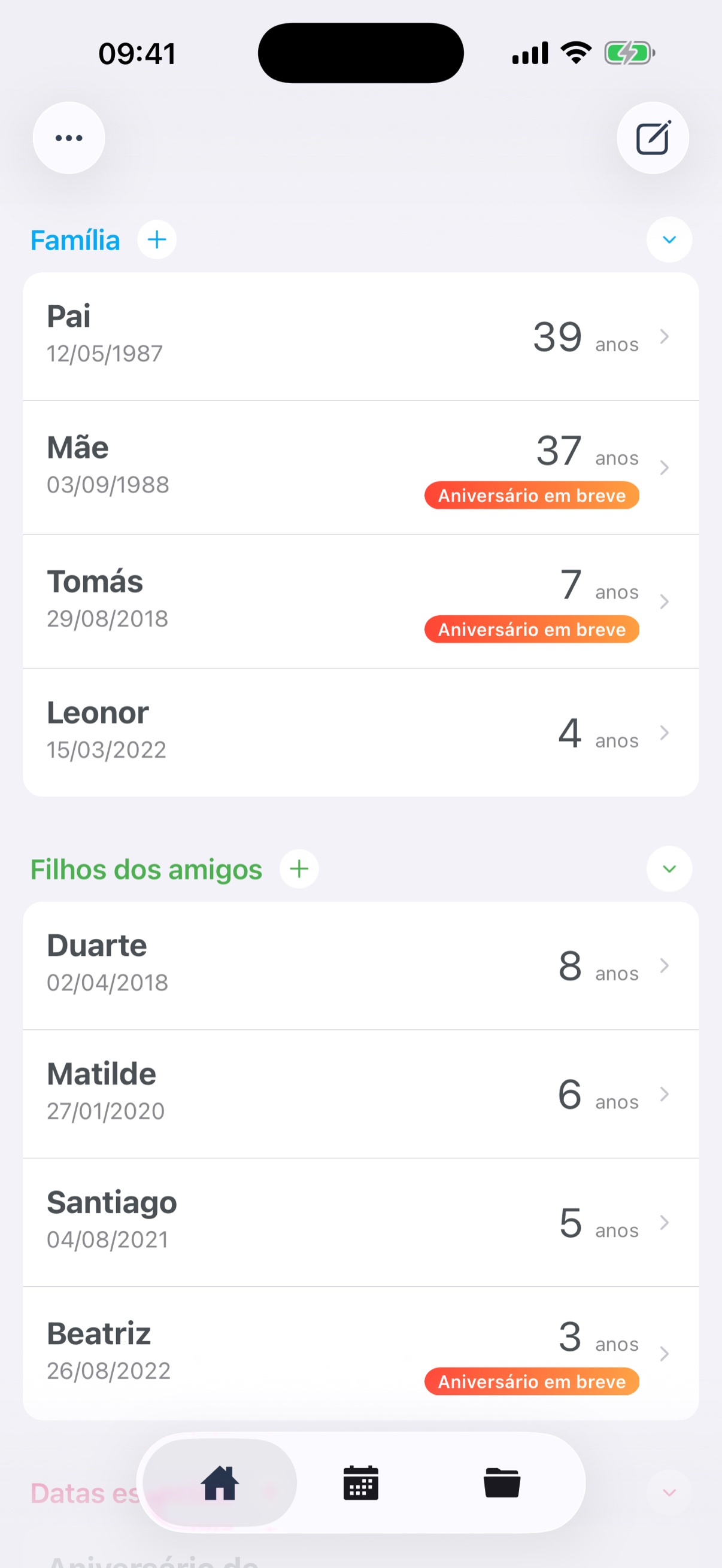 Ecrã principal com aniversários e datas especiais