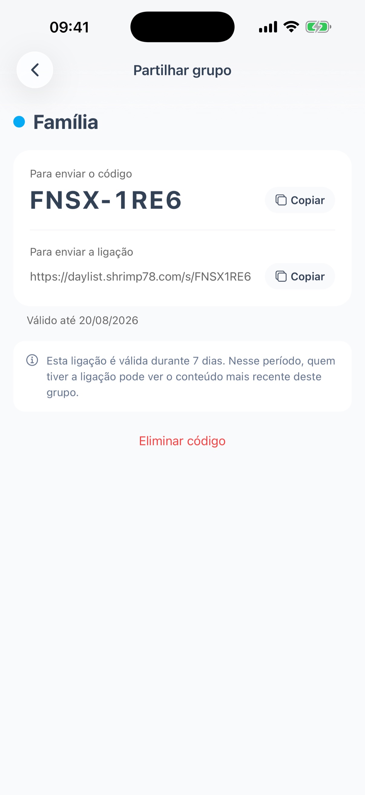 Ecrã de partilha - código e ligação