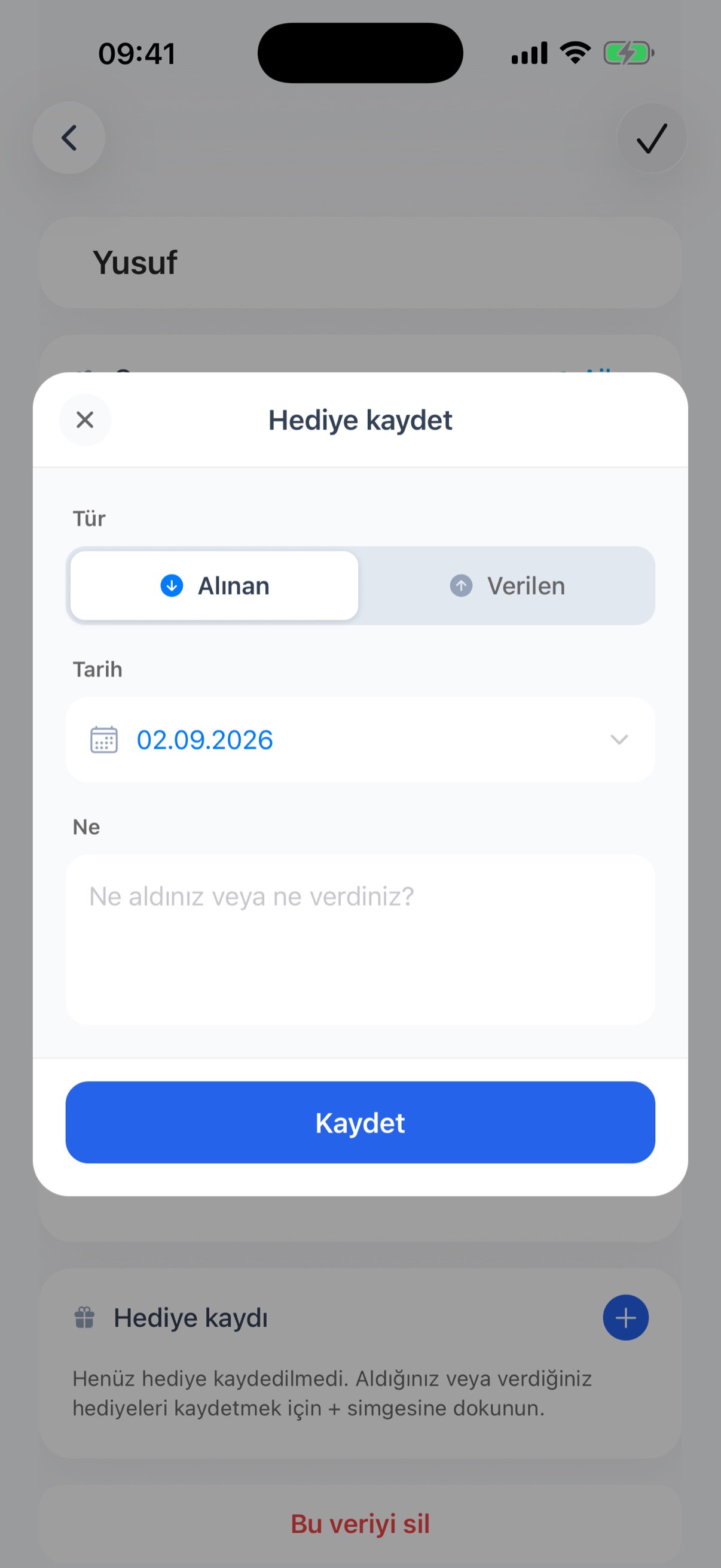 Hediye kaydı - verilen ve alınan hediyeler