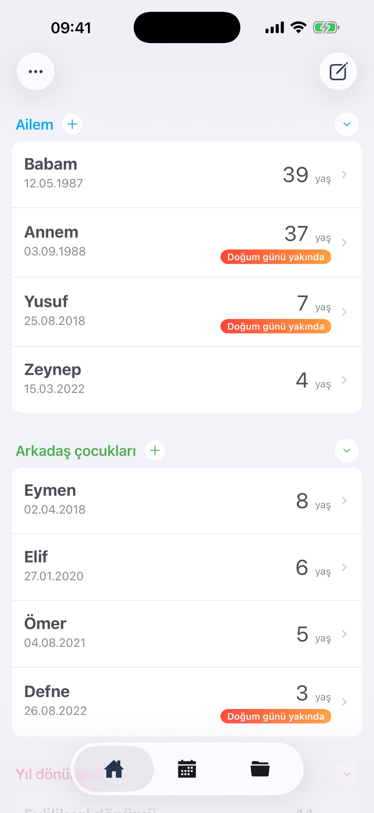 Doğum günlerini ve yıl dönümlerini gösteren ana ekran