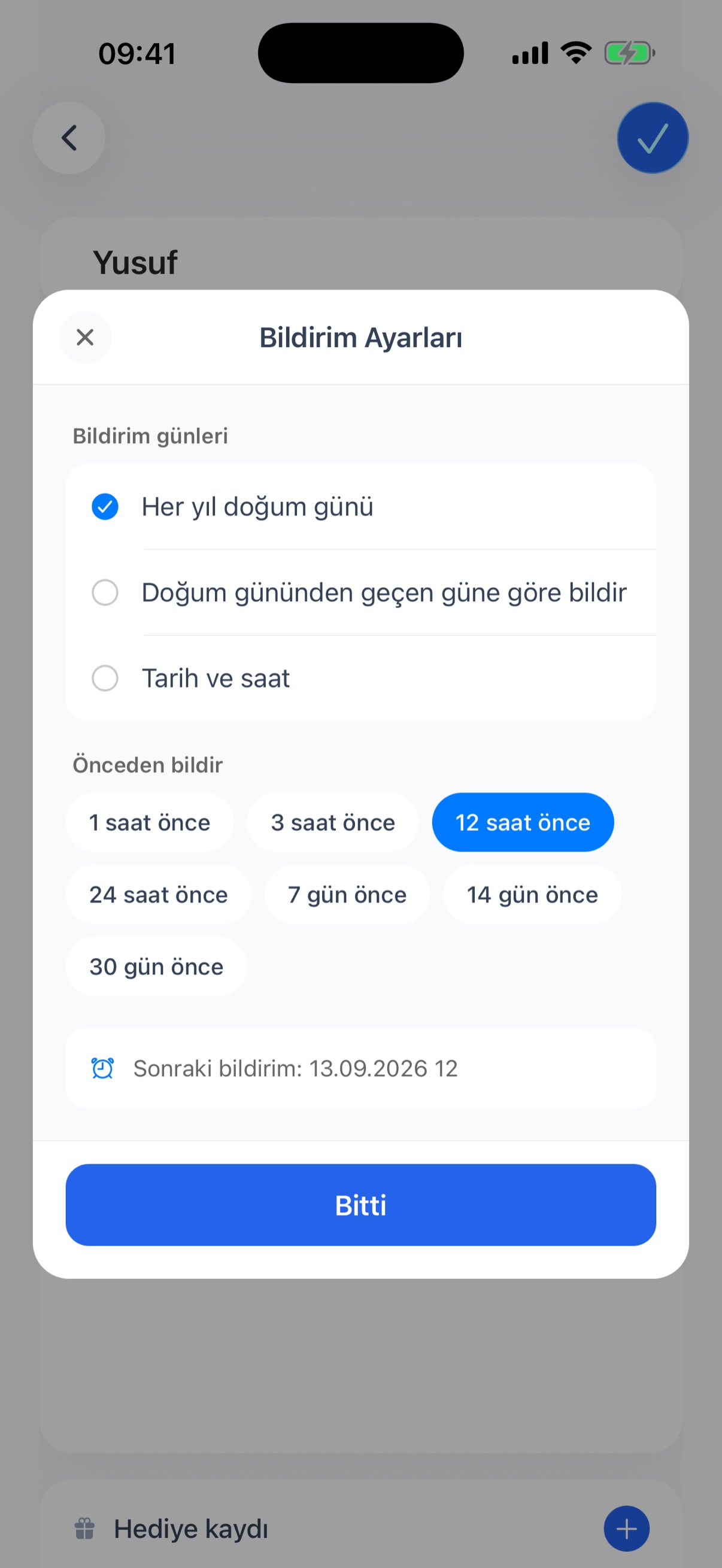Bildirilecek günü ve zamanlamayı gösteren bildirim ayarları