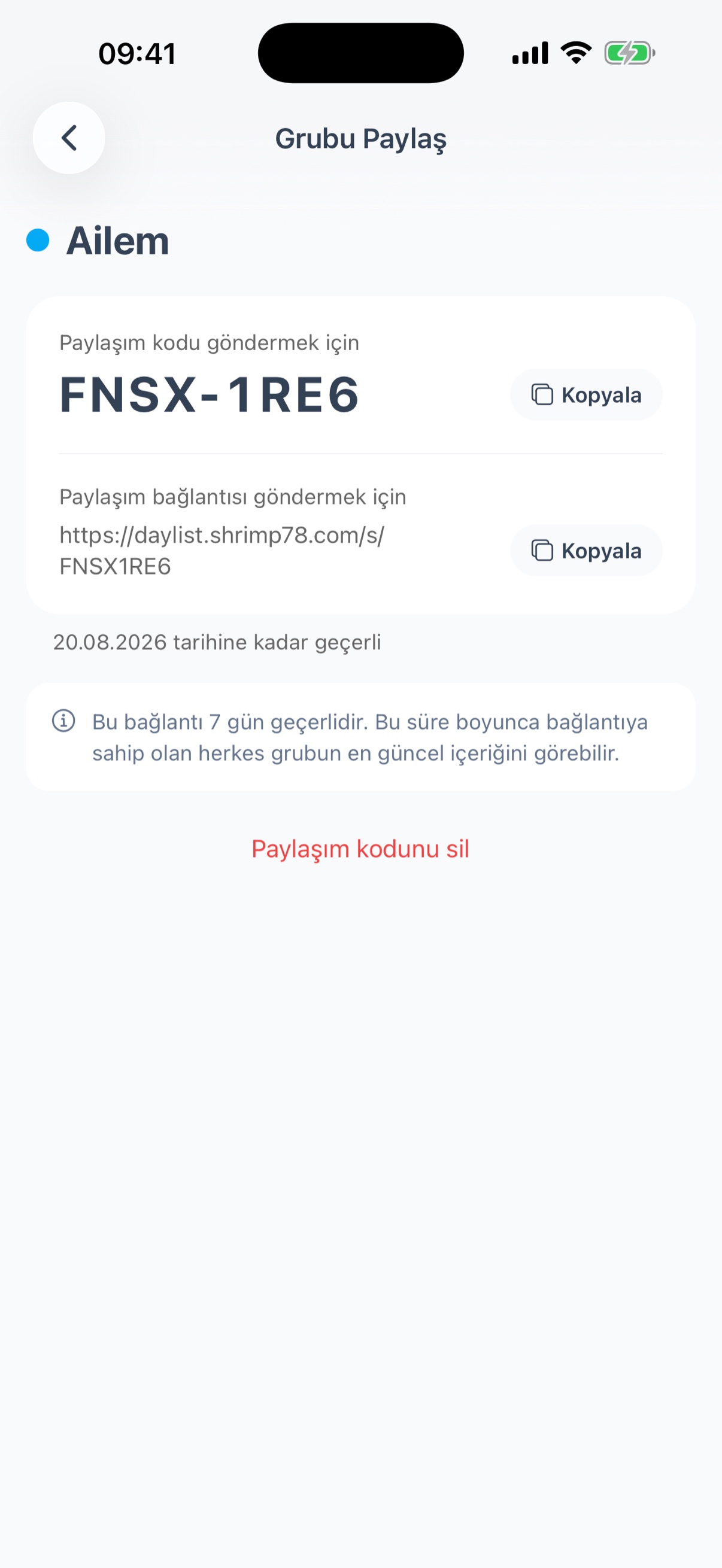 Paylaşım ekranı - paylaşım kodu ve paylaşım bağlantısı