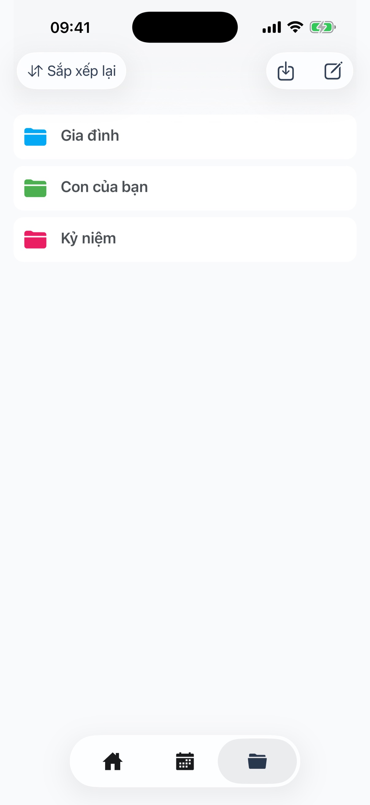 Màn hình nhóm với các danh mục phân màu