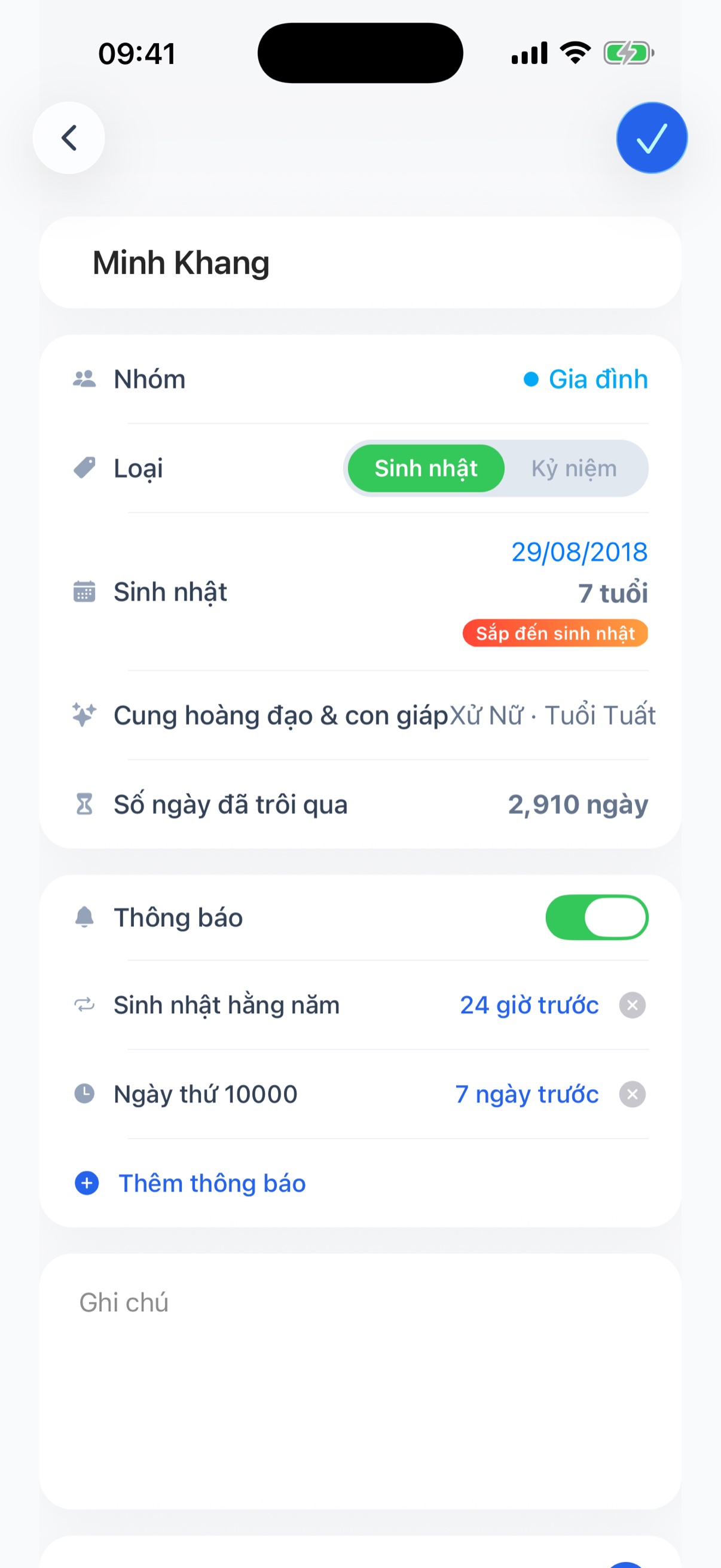 Màn hình chi tiết với tuổi, cung hoàng đạo, con giáp và số ngày đã trôi qua