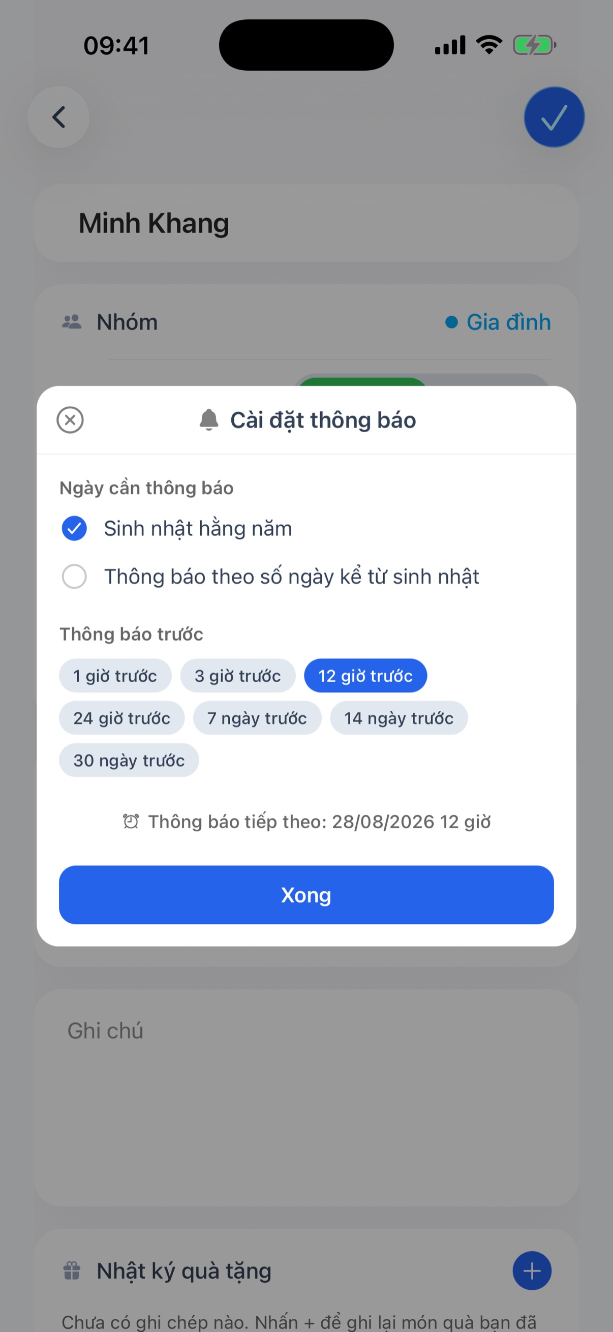 Cài đặt thông báo với ngày cần thông báo và thời điểm thông báo